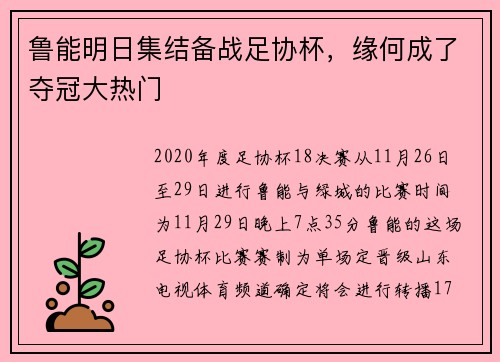 鲁能明日集结备战足协杯，缘何成了夺冠大热门